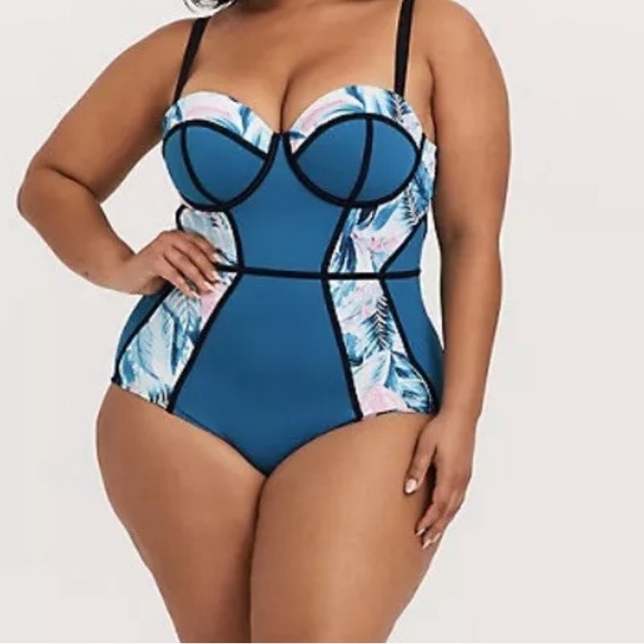 torrid Other - Torrid Slim Fix UPF 40+ Teal Palm Print Underwire One-Piece Swimsuit Size 3 DD/F